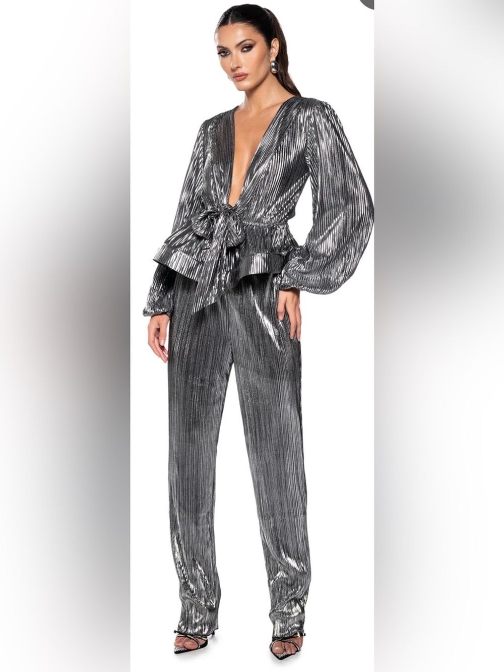 AKIRA Metallic Silver Pleated Wide-Leg Trousers(Medium)and Top(Small)